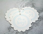 Baby shower favor tags, 20, with hand-stamped message.  Baby blue "It's a Boy" on white card stock.