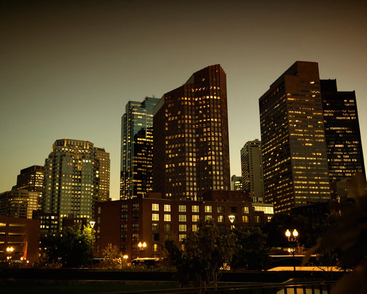 16 x 20 large art print - Boston Cityscape - Fine art photography - Skyline at nightfall - golden twinkle lights - Corporate Art, Home Decor