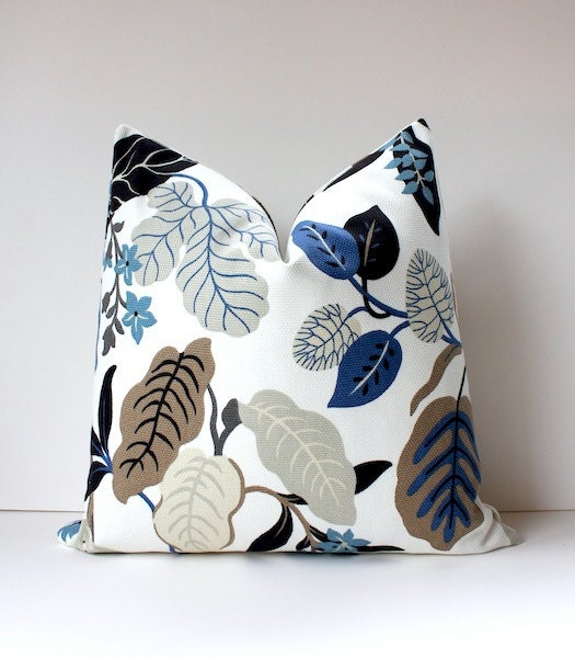 Modern Blue and Taupe Decorative Designer Pillow Cover 20" Accent floral navy cobalt wedgewood grey black gray Josef Frank Style spring
