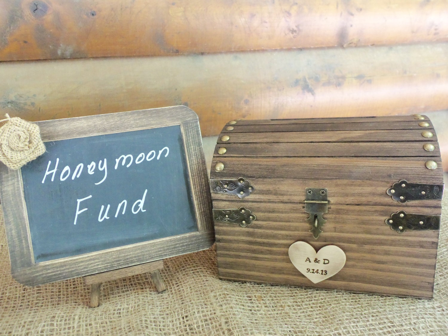 Rustic Wedding Box Set - Cute Box and Chalkboard Sign - Honeymoon Fund, Well Wishes, Guest Book Alternative