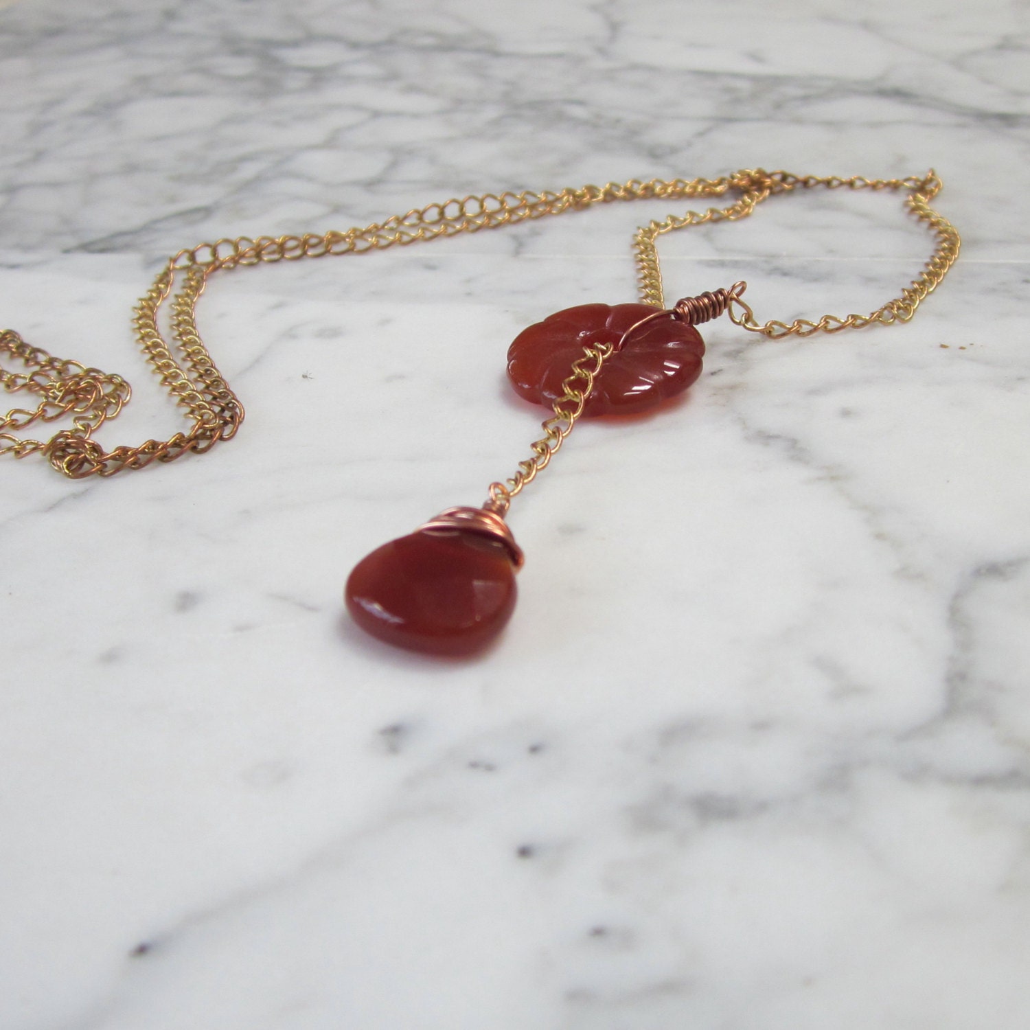 Natural Carnelian Stone with Copper Chain Base and Sacral Hara Chakra Balancing and Healing Lariat Necklace v2