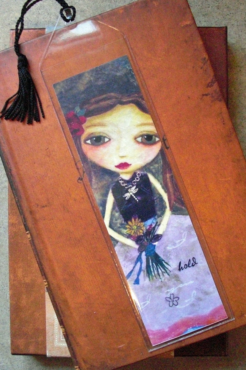 Mixed Media Book Mark - CONTENTMENT -  bookmark with BLACK tassel   EMERSON quote on Back