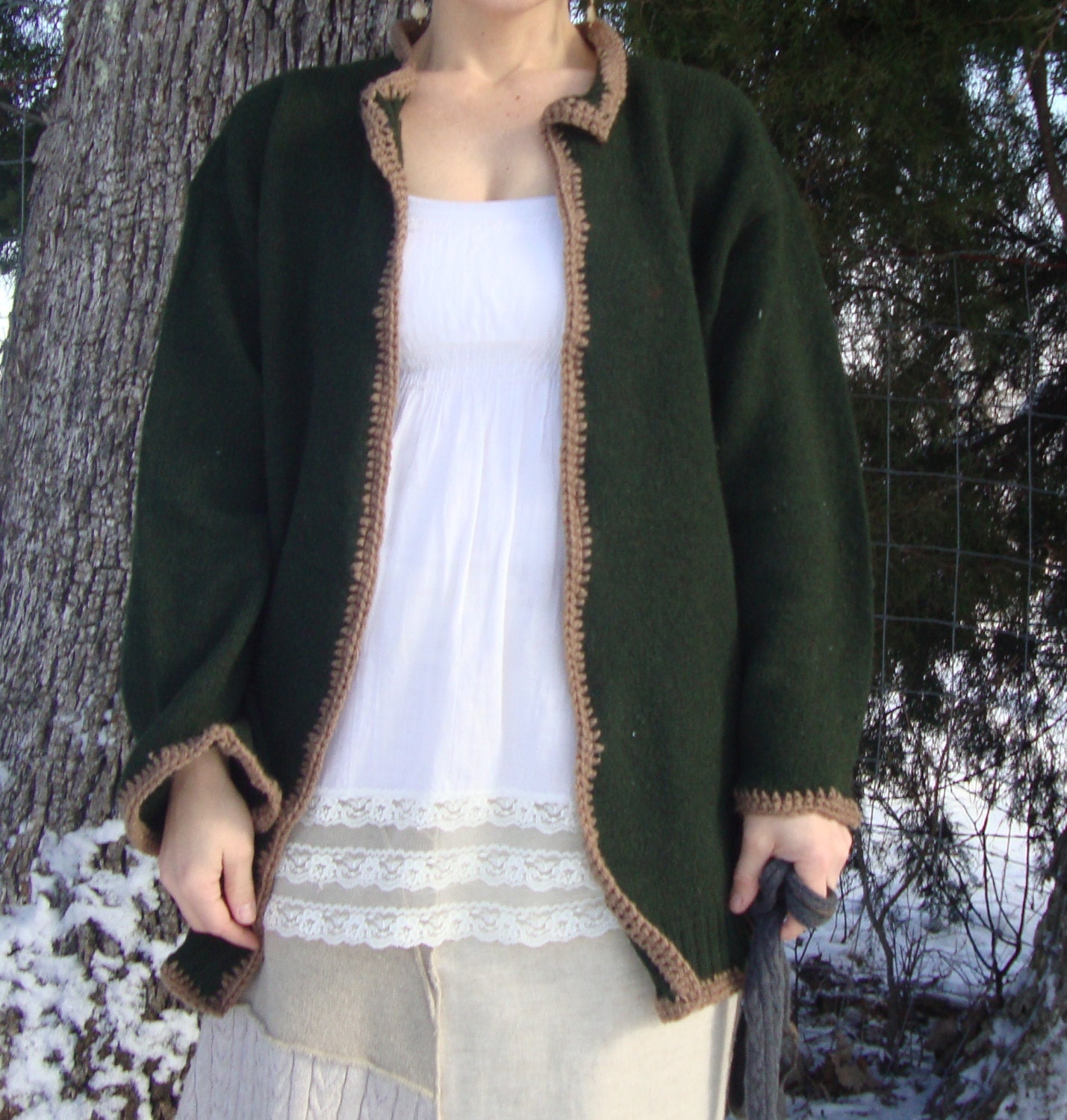 Kimono Styled Forest Green Cardigan Coat from Upcycled Vintage Wool Sweater/ Womens Sweater/ Sustainable Clothing Wearable Art 2013