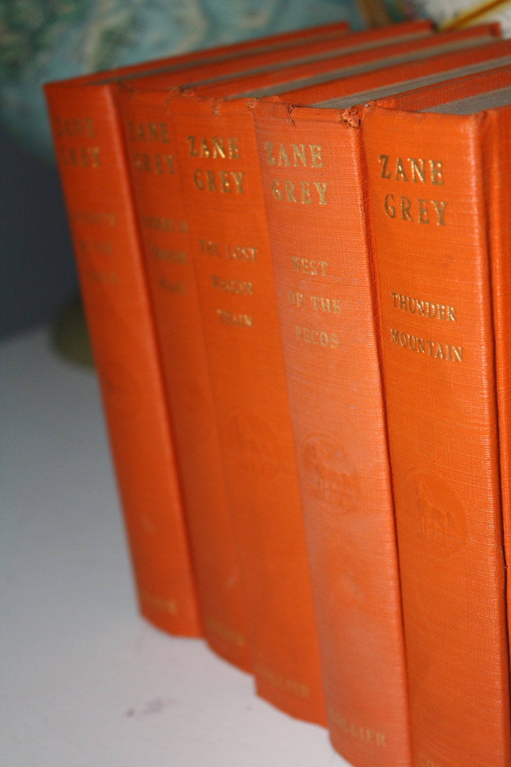 Zane Grey Books Set of 5 Orange Vintage Cool Wedding Display Books Instant Orange Library Addition Photography Prop