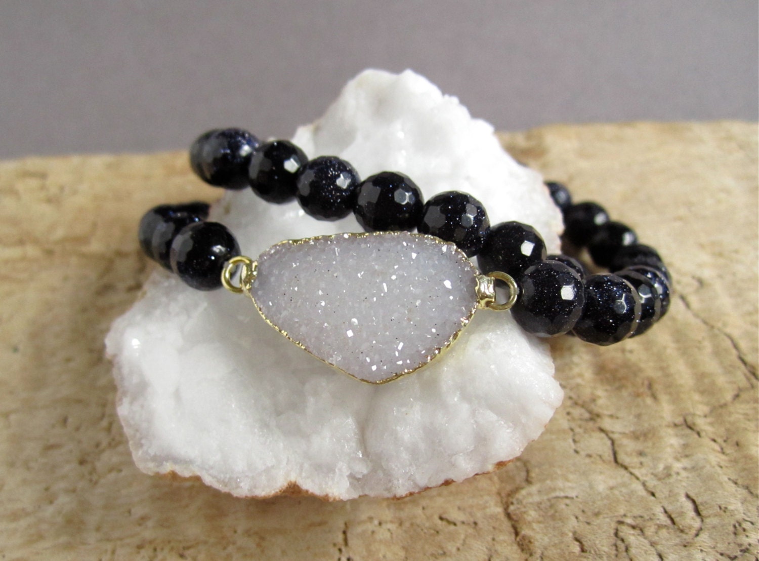White Druzy Bracelet Drusy Quartz Blue Sandstone Beaded Stretch Wrap