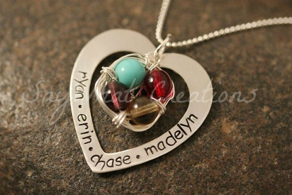 Custom Hand Stamped Sterling Silver Birdnest Necklace With Heart Washer