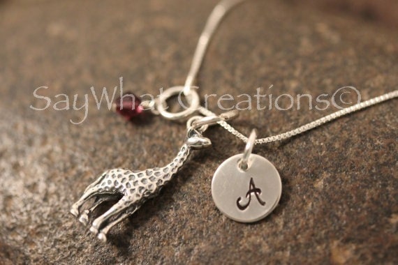 Sterling Silver Hand Stamped Mini Initial Necklace with Giraffe Charm and Birthstone