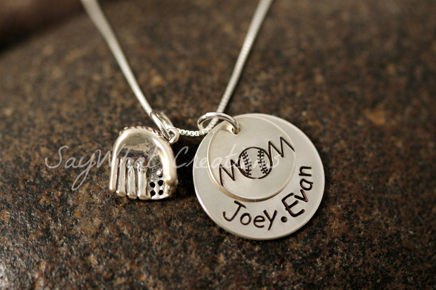 Sterling Silver Baseball MOM Stacked Necklace with names and sterling silver baseball glove charm