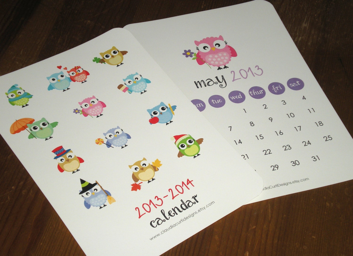 2013 - 2014 Calendar Desk calendar Wall hanging calendar Owl designs Teacher gift