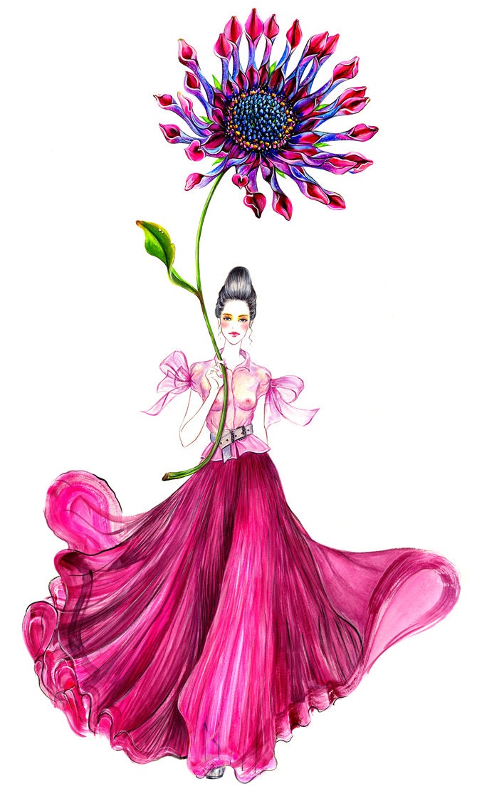 Flower Mood-Girl with flower- Watercolor Fashion illustration