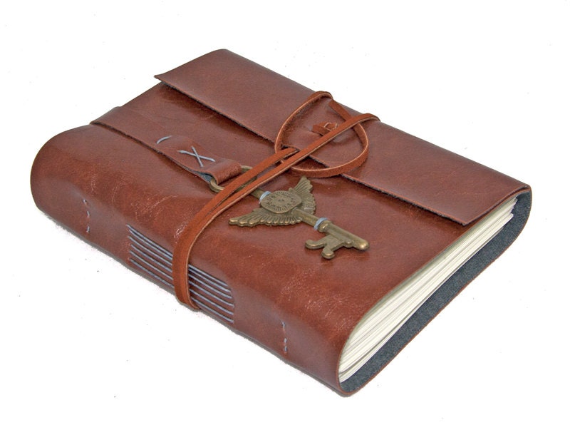 Light Brown Vegan Faux Leather Journal with Winged Clock Key Bookmark