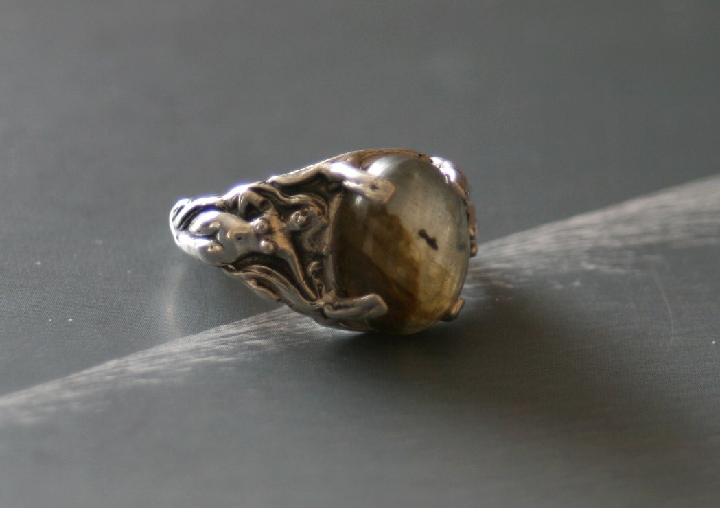 Mens ring Sterling silver Natural African Labradorite Art Nouveau Nude lady woman figures Antique vintage style handmade fathers day dad