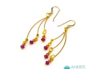 Earrings Gold layers fuchsia pink swarovski crystals