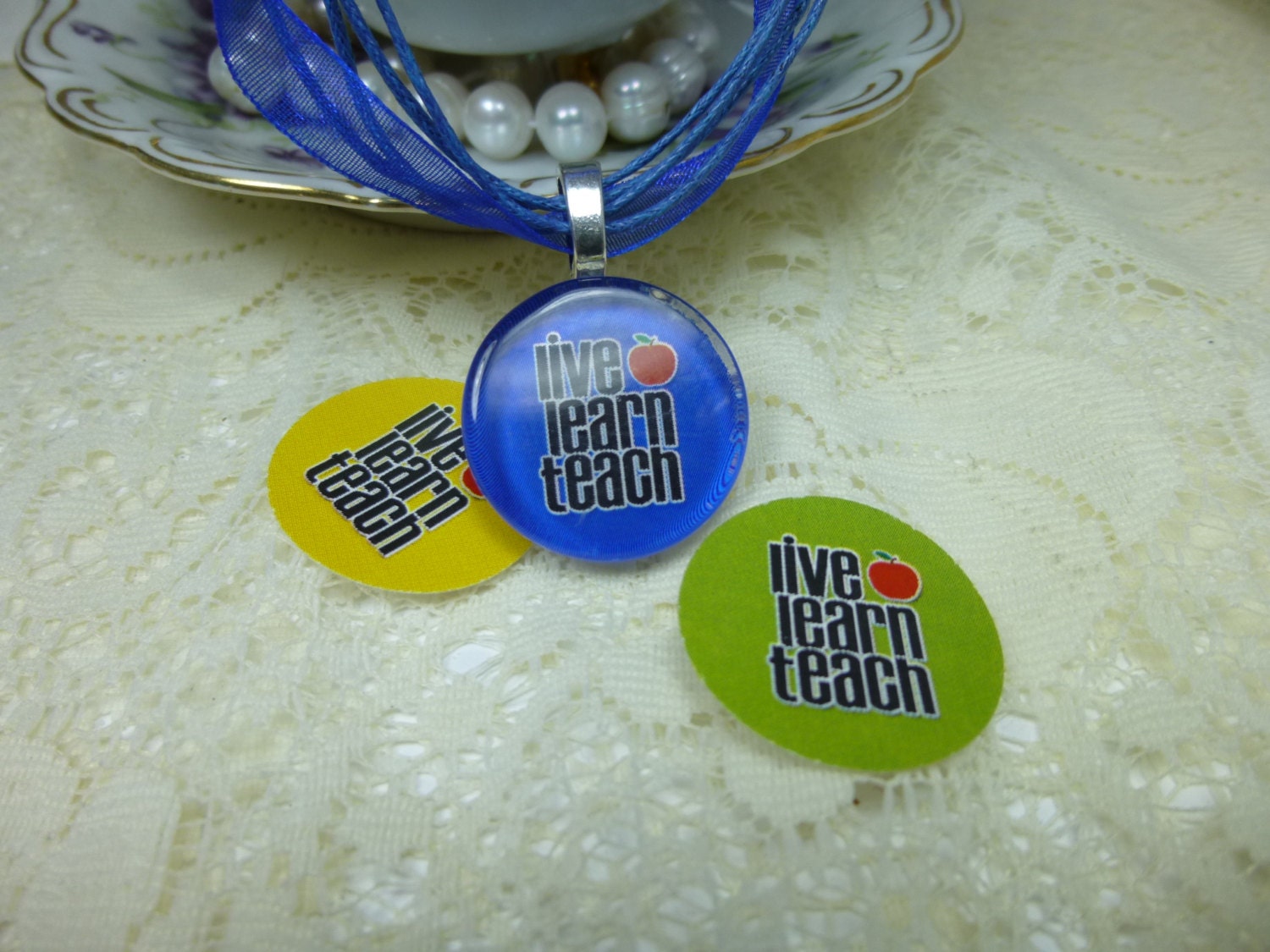 Live Learn Teach Teacher Glass Tile Pendant Necklace