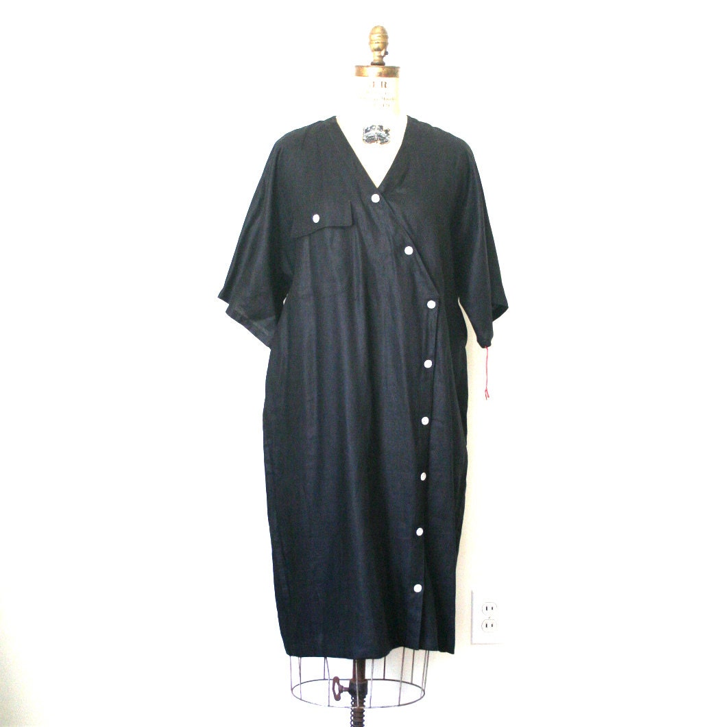 vintage 1980's slouch dress / crisp linen BLACK new old stock LIZ CLAIBORNE ladies large