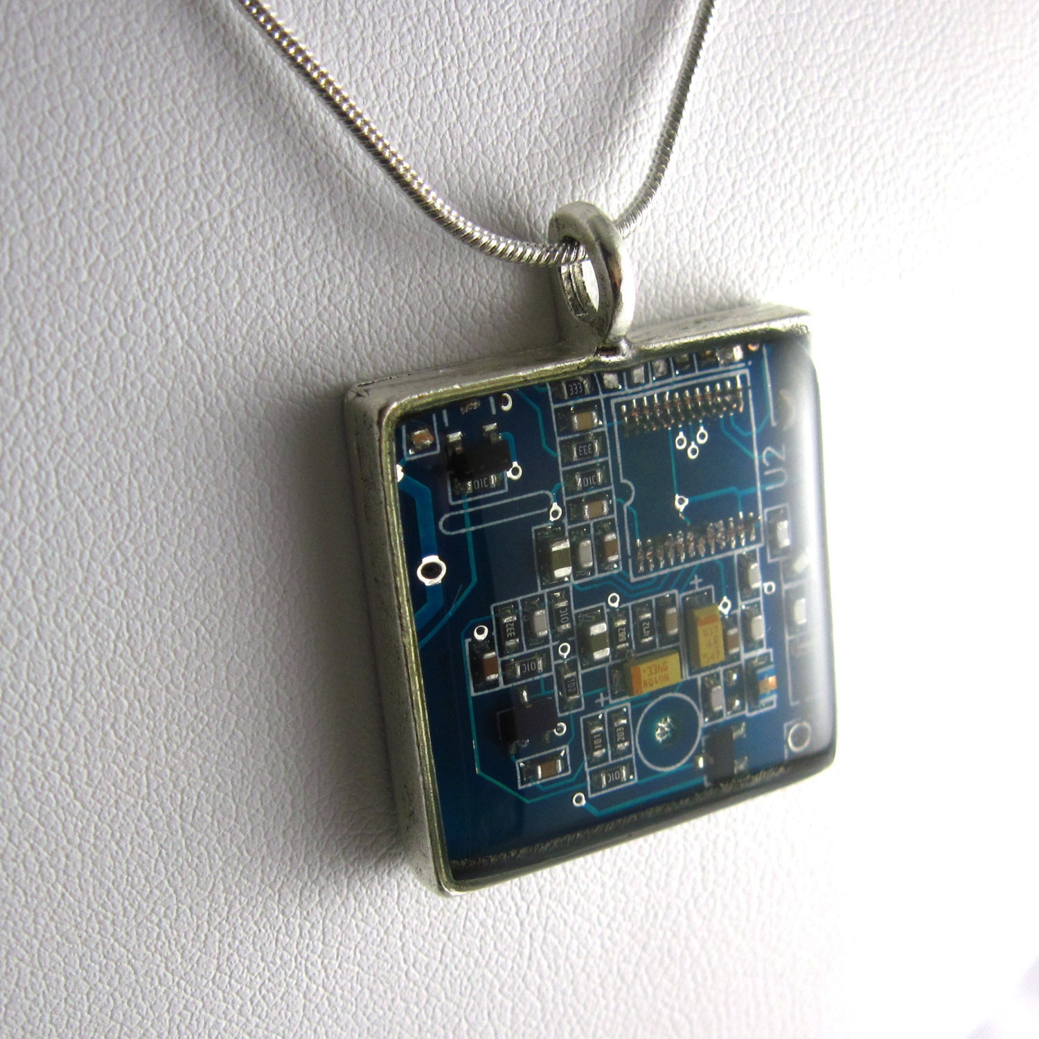 blue square circuit board necklace