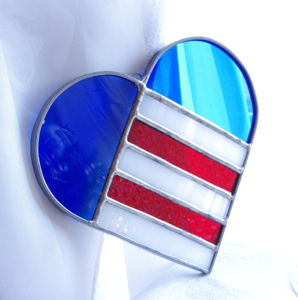 Stained Glass Heart Suncatcher Vintage American Flag Heart Patriotic Red White Blue Military Country Prairie Primitive Vintage Home Decor