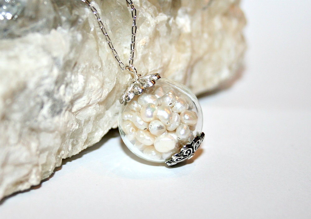 White freshwater pearls Clear Glass Orb Necklace, silver chain