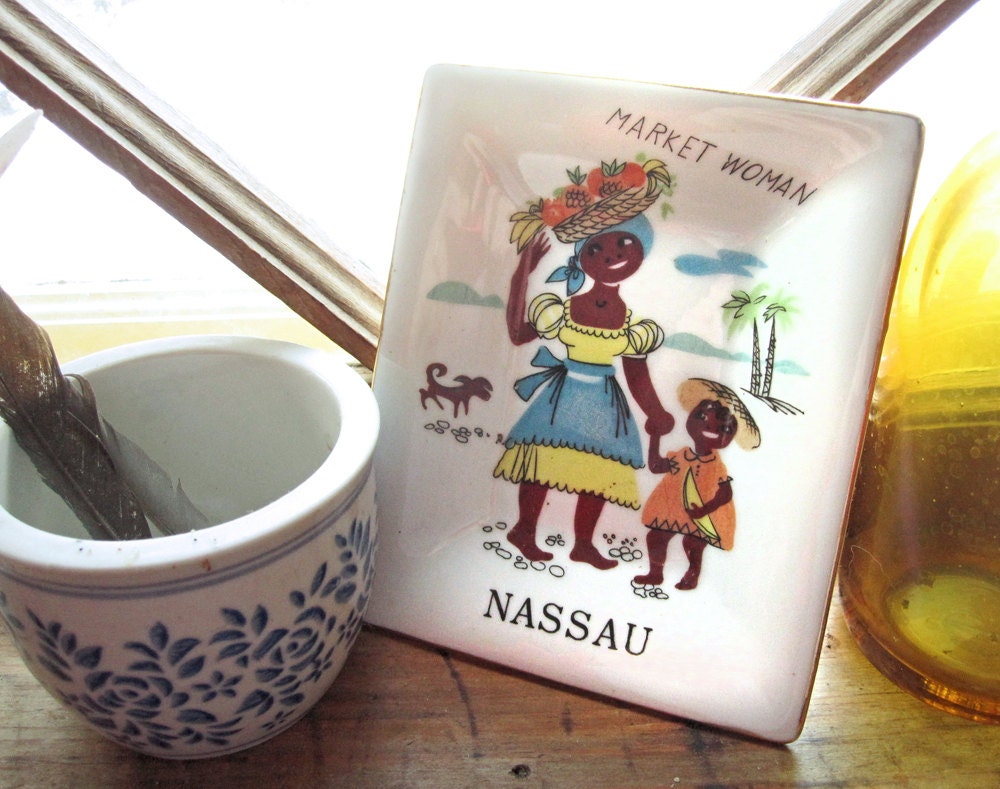 Nassau souvenir pin tray, market woman dish, Bahamas china plate, ceramic, 1960s, black collectible, African American