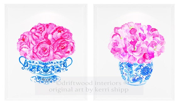 Blue and White China Vase with Pink Roses - "Bouquet in Flow Blue" Watercolor Print 8x10 - Ginger Jar Print - Chinoiserie Art Print
