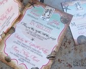 NEW Rustic Beach, Tropical Destination Wedding Invitation set with sea shells, starfish.