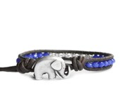 Royal Blue, Neon Yellow, Coral Faceted Crystal Beaded Leather Wrap Bracelet - the lucky elephant Original with Rhinestone Rondelles