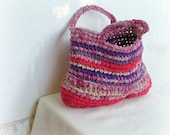 Rag bag - crochet hand bag in lovely red, bourdeaux and purple fabric yarns