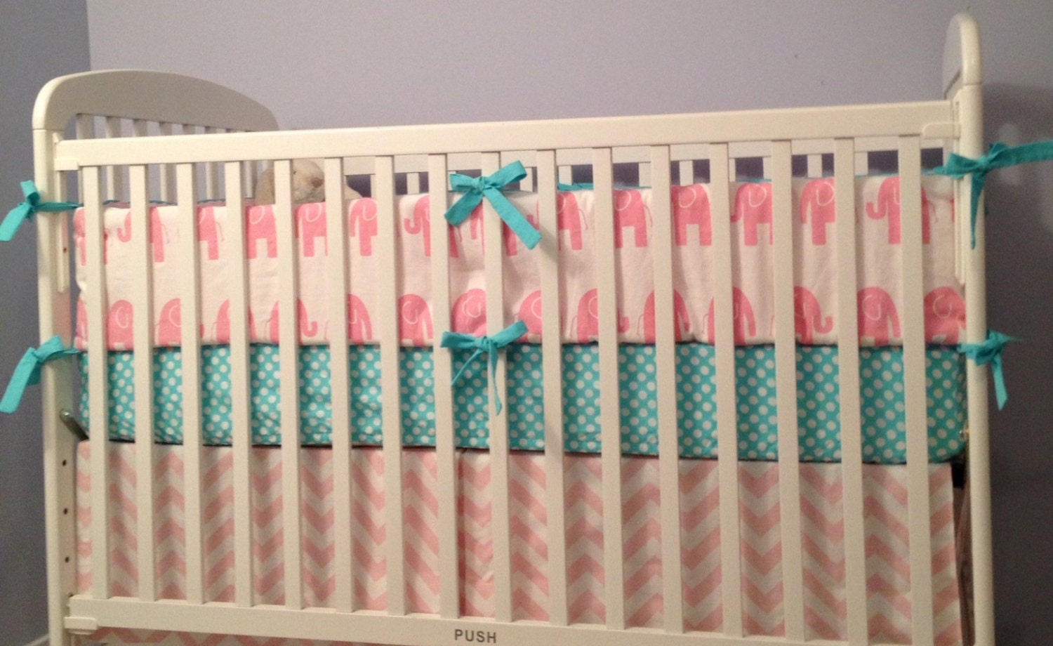 Custom Crib Bedding -Crib Skirt and Bumper, aqua and pink
