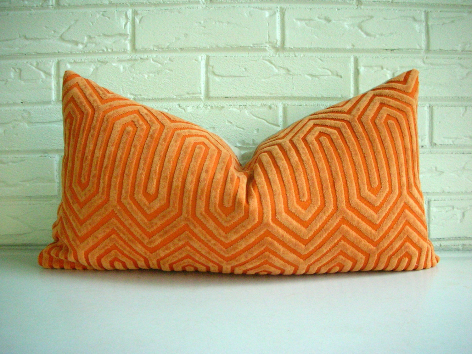 Orange Pillow Cover - Vintage Modern Geometric Cut Velvet - Metallic Gold - Hollywood Regency Decor