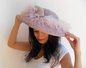 Vintage Handmade Lilac Sinamay And Ostrich Feather Wide Brim Hat - Occasion Hat
