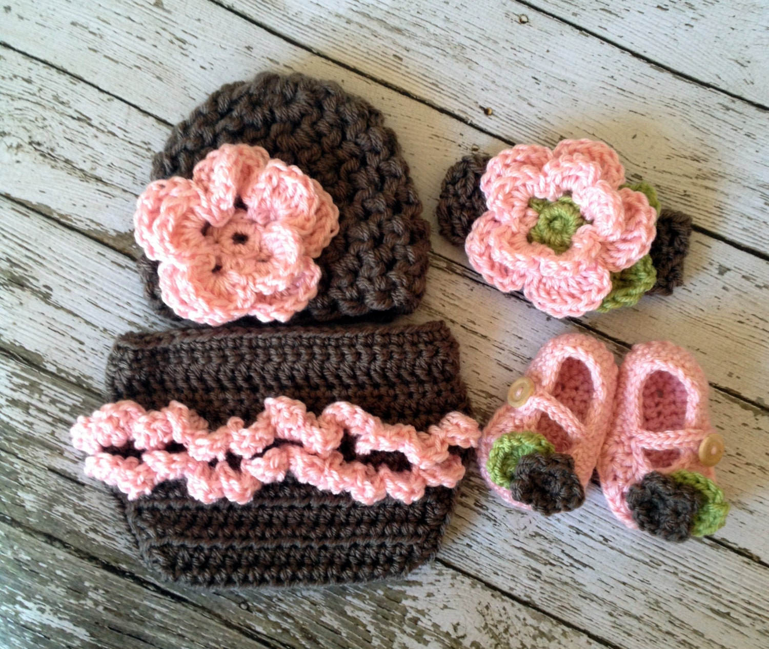 Emma Beanie, Headband, Diaper Cover and Macthing Booties Available in Newborn to 12 Months Size- MADE TO ORDER