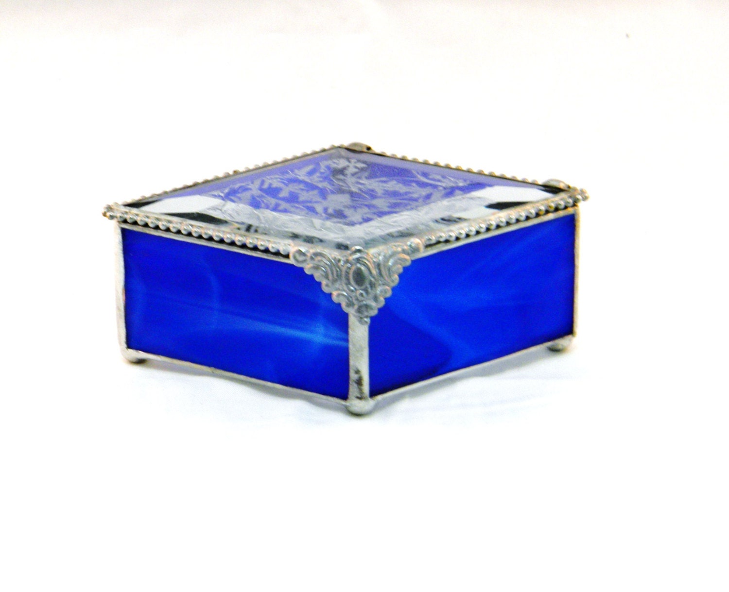 Victorian Inspired Stained Glass Jewelry Box,  Keepsake Treasure Box, Cobalt Blue, Bridesmaid Gift, 3 x 5" Diamond Shaped - shopworksofglass