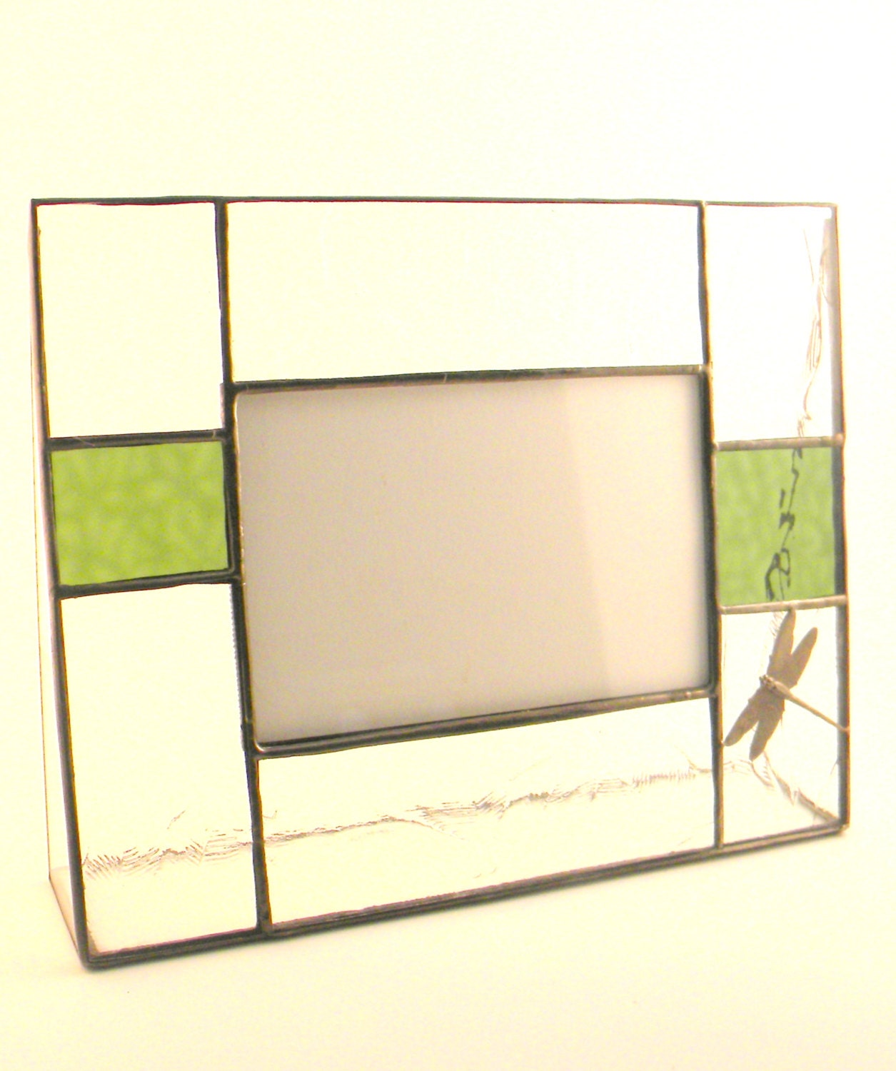 Woodland Garden Inspired Stained Glass Horizontal 4 x 6 Picture Frame, Sage Green, Wedding Gift, Gift, Father's Day Gift, Dragon Fly