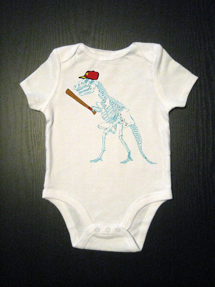Dinosaur w/ Baseball Bat and Hat - Funny Dino One Piece - Dino Doing People Stuff One Piece Baby Bodysuit - Toddler Humor and Kid's Clothing