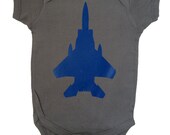 Blue on Charcoal Gray F15 Jet One Piece Baby Bodysuit - Military Baby Clothes - Great For Toddlers, Kids and Infants - More Colors Available
