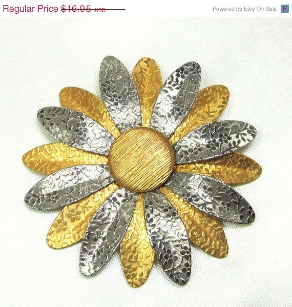 BIG SALE Huge Vintage Flower Brooch, Gold and Silver Sunflower Pin Brooch
