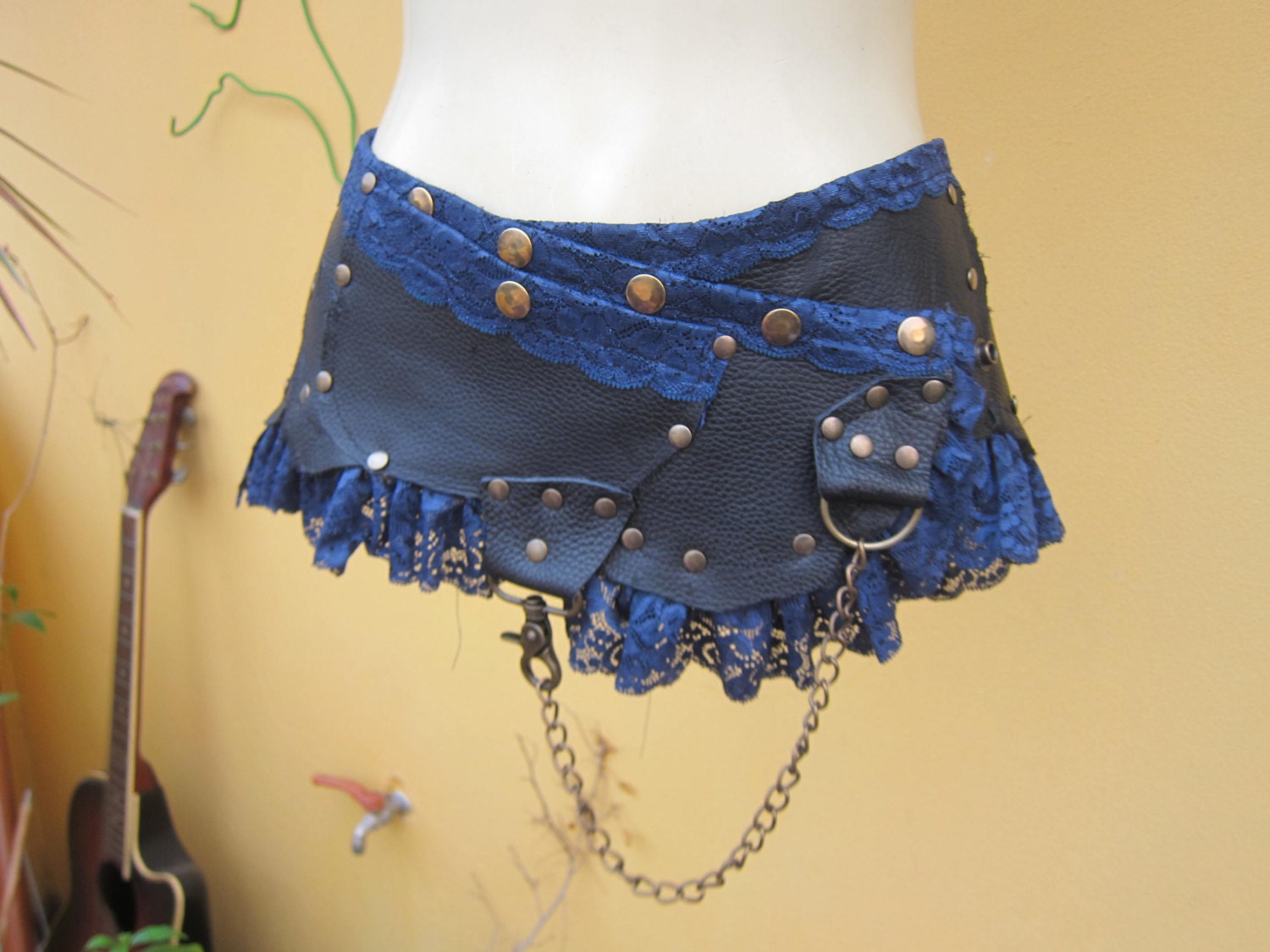 tribal leather mini skirt belt/ with pocket,lace and stud detail....30" to 46" hip