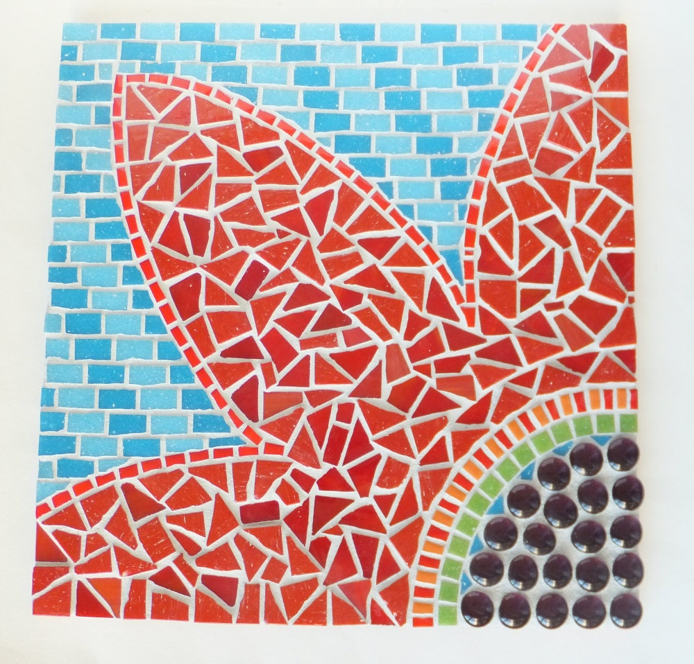 Red Flower Mosaic, Mixed Media Wall Art, fun and funky home decor