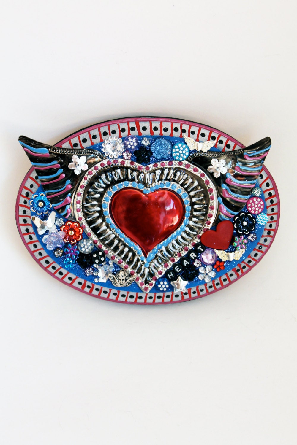 Tin Heart with wings from Mexico on wood plaque / Mexican folk art / colorful silver red blue / wedding gift idea