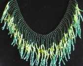 Native American style tribal fringed collar necklace in ombre greens