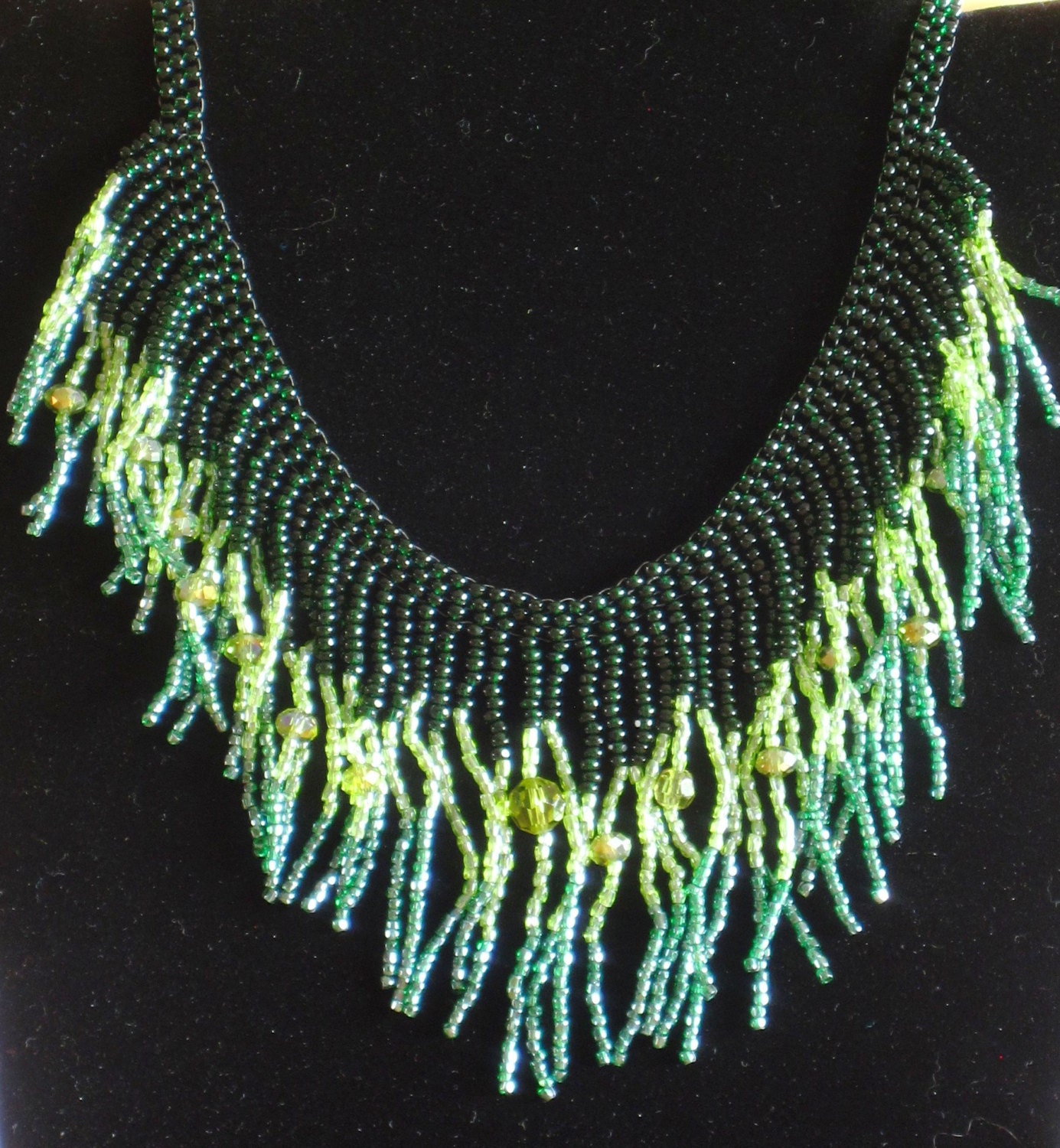 Native American style tribal fringed collar necklace in ombre greens