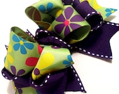 Girls Boutique Layered Hair Bow - Totally Groovy - Neon Green, Purple, Blue, Yellow, Pink, Groovy, Flower Power