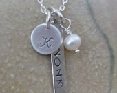 Graduation Necklace  - Class of 2013 - Senior Necklace - Hand Stamped Sterling Silver Charm Necklace - Initial Disc -Pearl - 2013 Bar