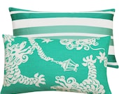 Green Pillow Cover 12x20" Decorative Throw Lumbar Bright Teal Dragon Bedding Asian Pillow Contemporary, Orient Express Couture Collection