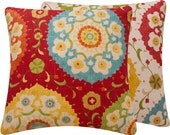 Decorative Suzani Pillow Cover 20x20, 50cm Square, Red, Green, Yellow and Blue, Fiesta Infusion Collection