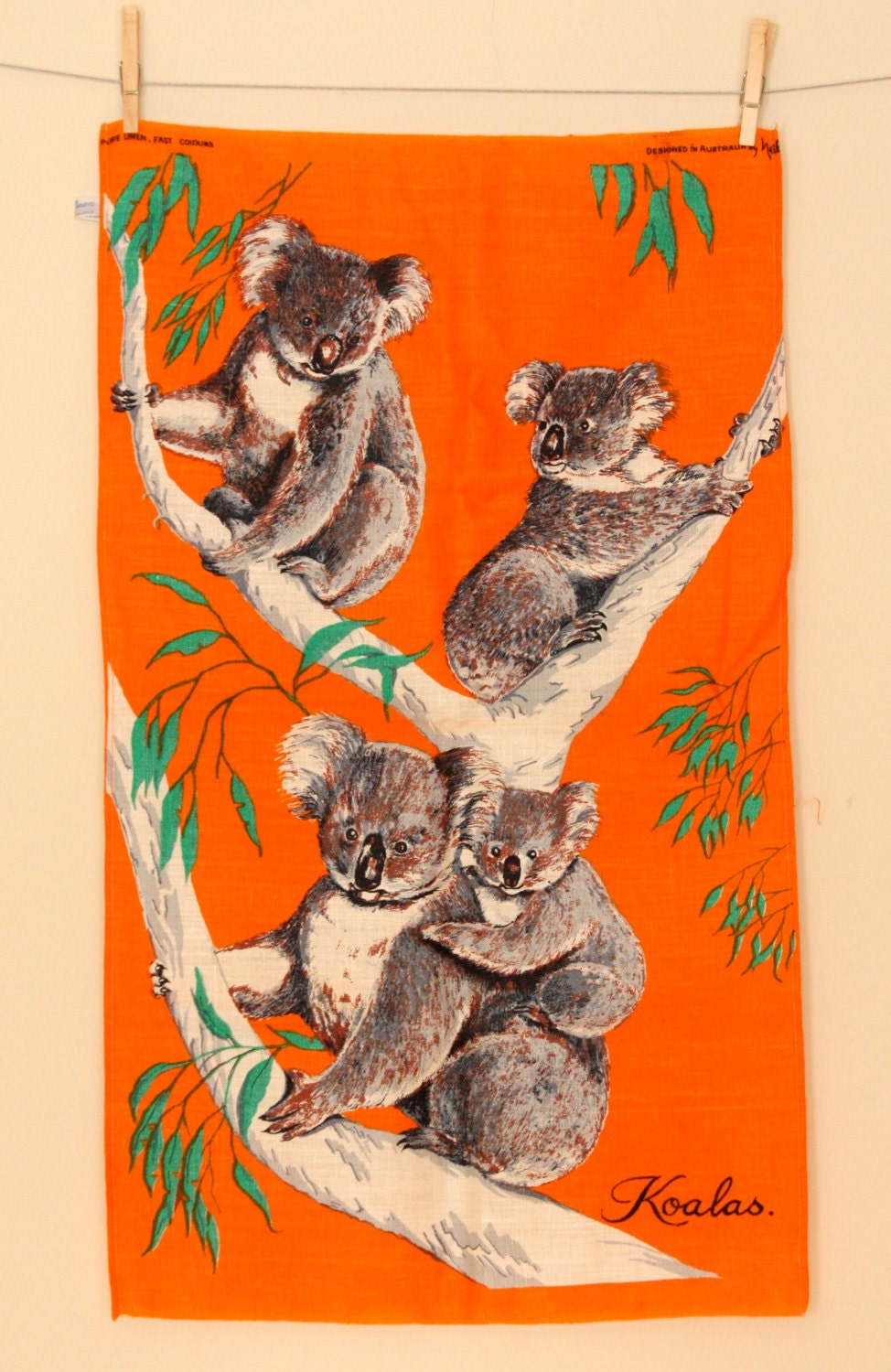 Vintage Mid Century Linen Tea Towel Fabric Kitchen Orange - Koala Bears