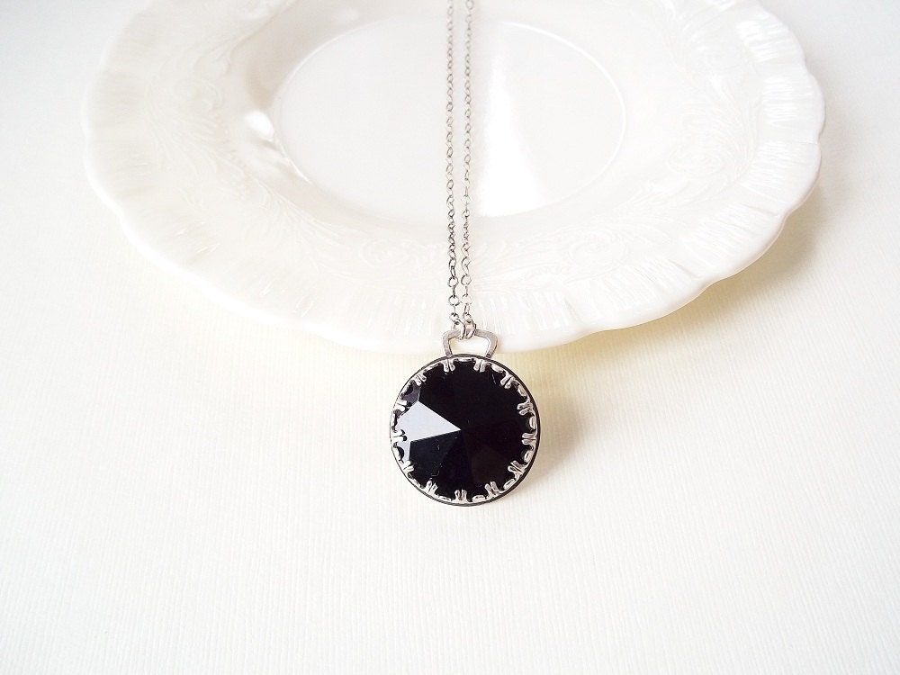 Sterling Silver Necklace. Black Glass Victorian Necklace. Elegant Jewelry.