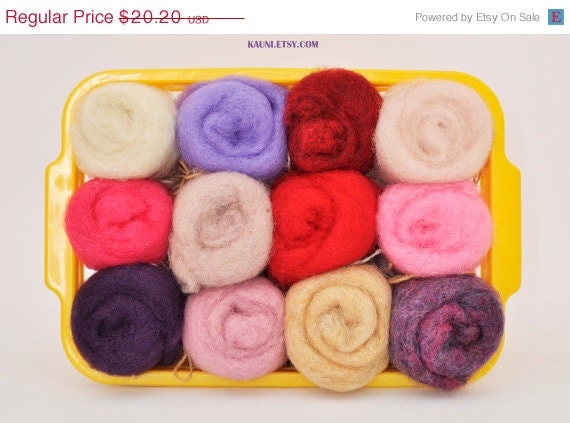 ON SALE 6 oz (170 grams) Pack Wool for Felting, Wool Roving / Carded Batt, 12 rose-red / pastels colors, FREE Shipping Worldwide