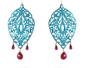 Moroccan  Turquoise and hot pink filigree earrings.  Chalcedony quartz  teardrop earrings,  Indie jewelry in patinated brass