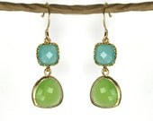 SALE Angles and dangles. A Square and a teardrop, sparkly earrings, framed gold peridot opal and aqua mint opal   faceted gems